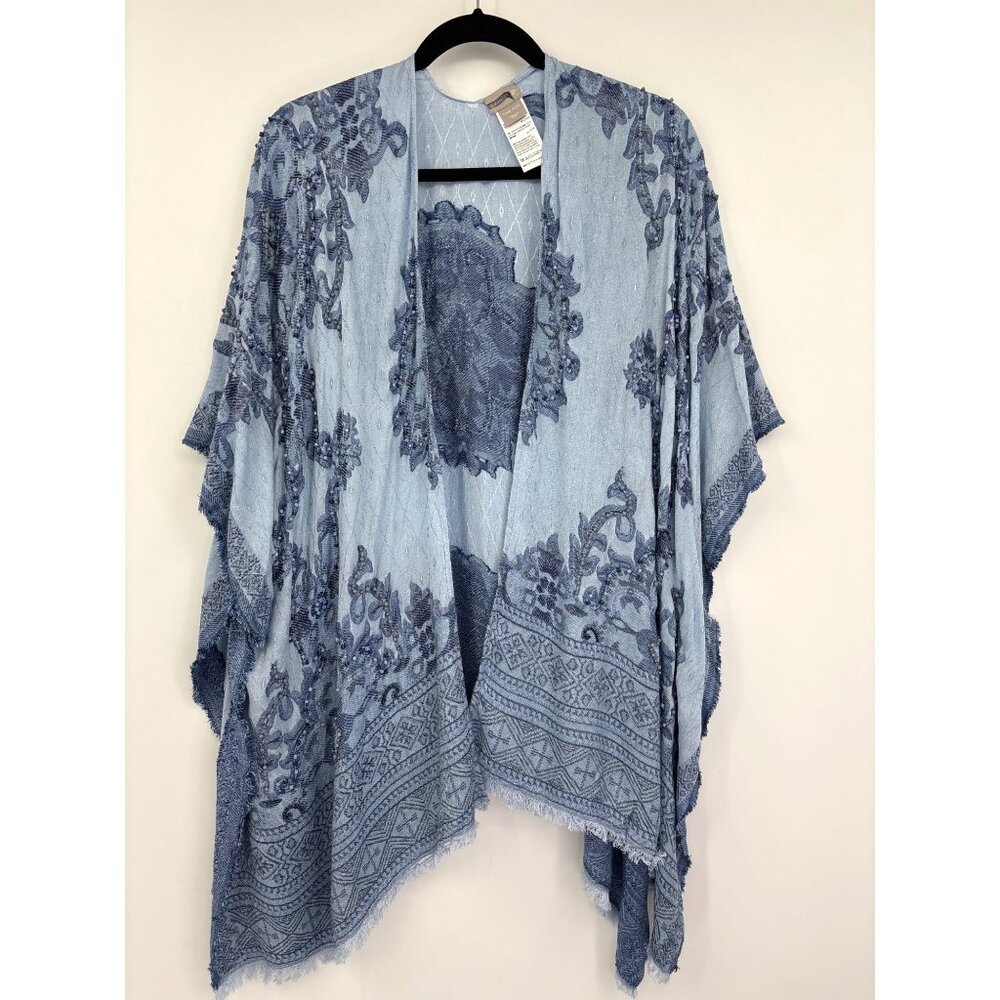 Chico's Jacquard Indigo Ruana Beaded Wrap Kimono Cardigan Blue One Size